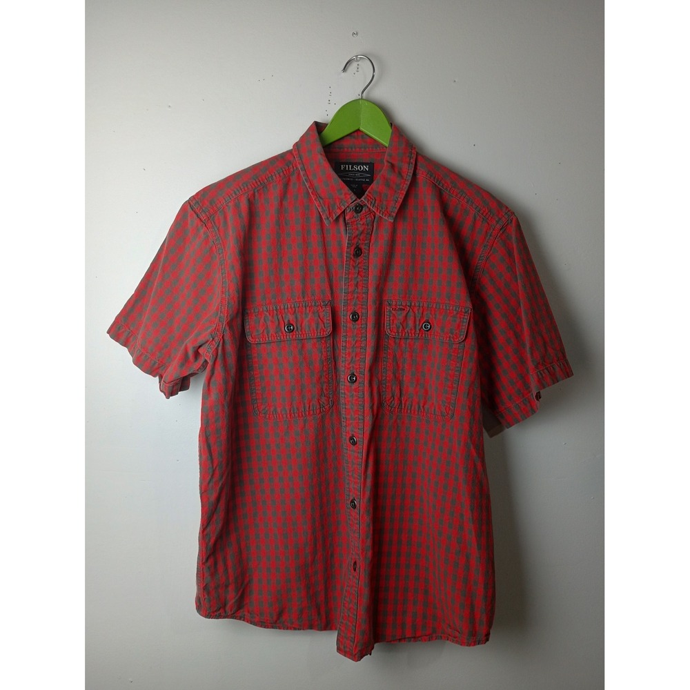 Filson Mens Red Grey Buffalo Check Plaid Short Sleeve Button Down Shirt Large